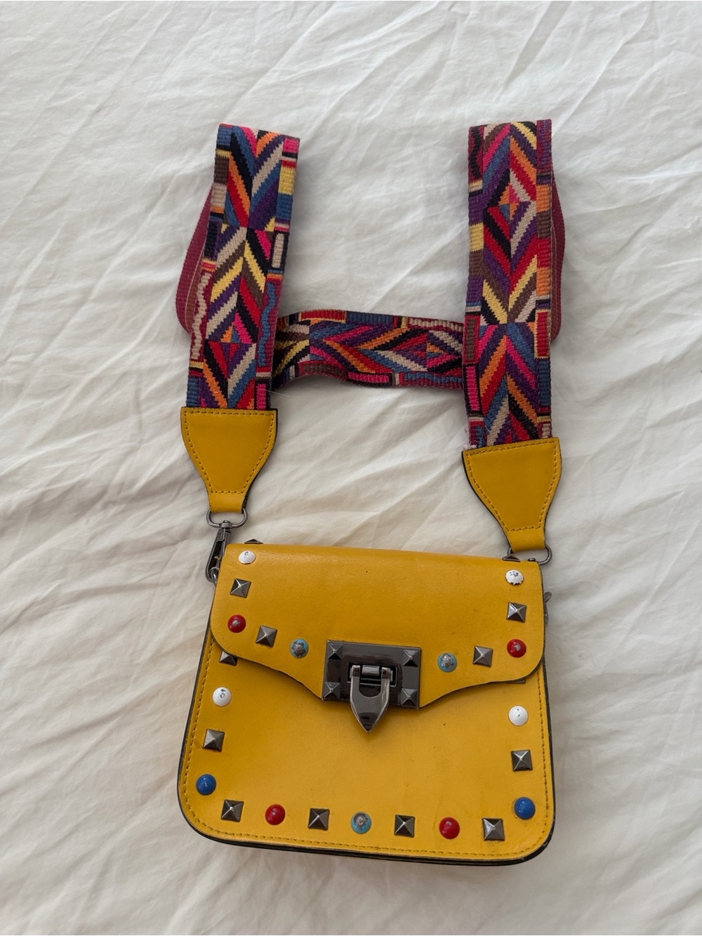 Genuine Leather Studded Crossbody Bag Guitar Strap Mustard Yellow Boho - Picture 3 of 9